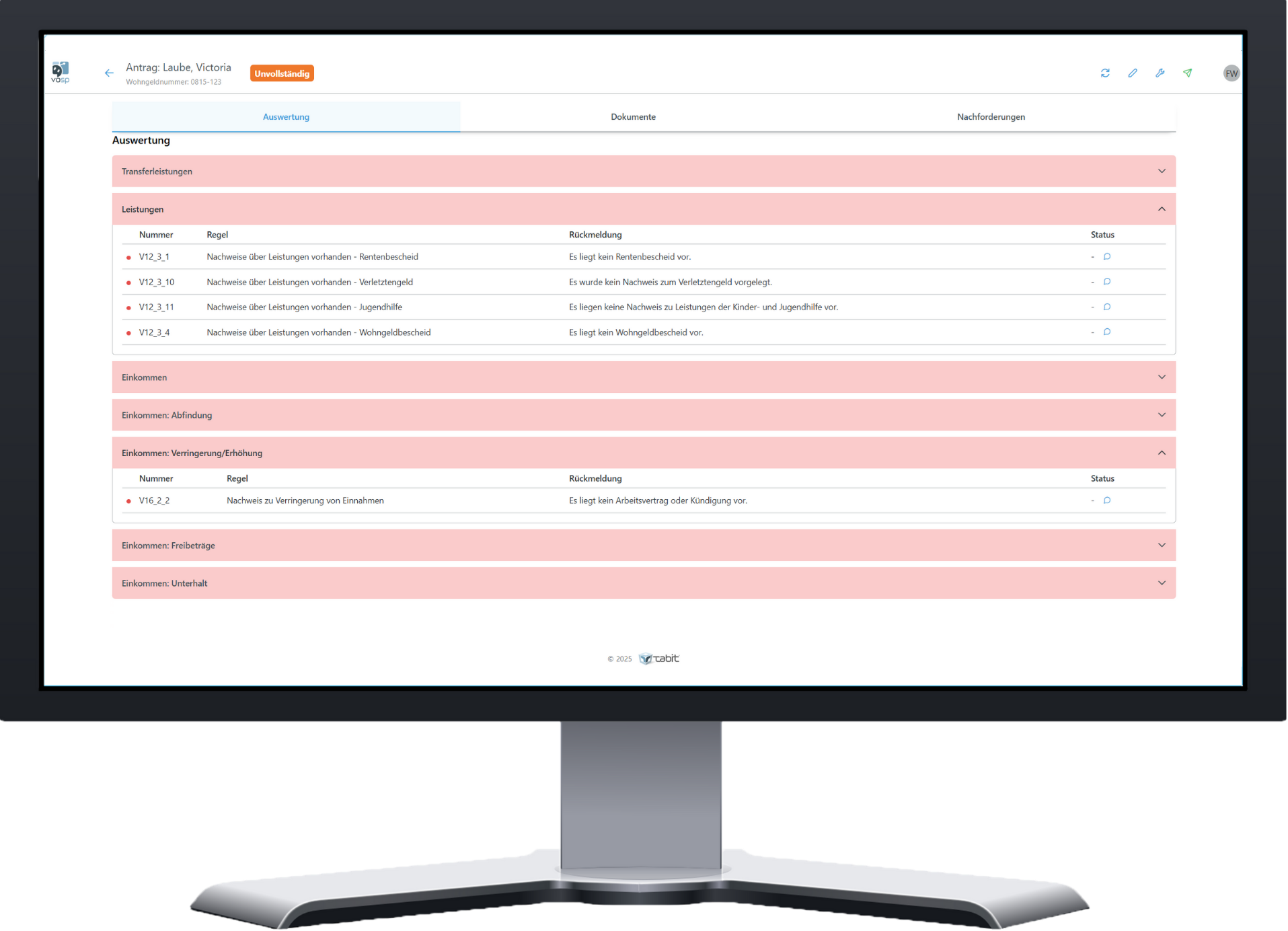 Benutzeroberfläche Sachbearbeiter