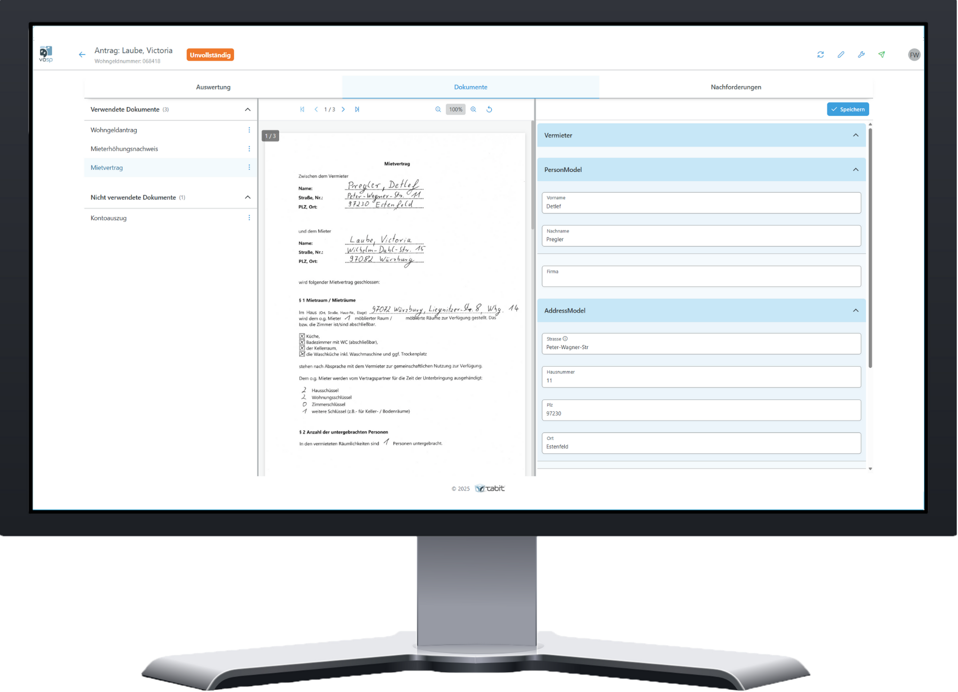 Benutzeroberfläche Sachbearbeiter